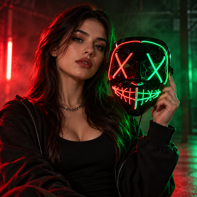 Masque LED Néon Lumineux Halloween - Rouge/Vert